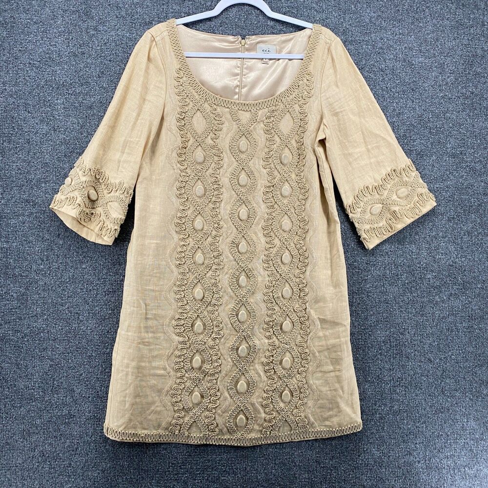 Eci New York Dress Womens‎ 10 Beige Linen Embroidered Peasant Casual Boho Hippie